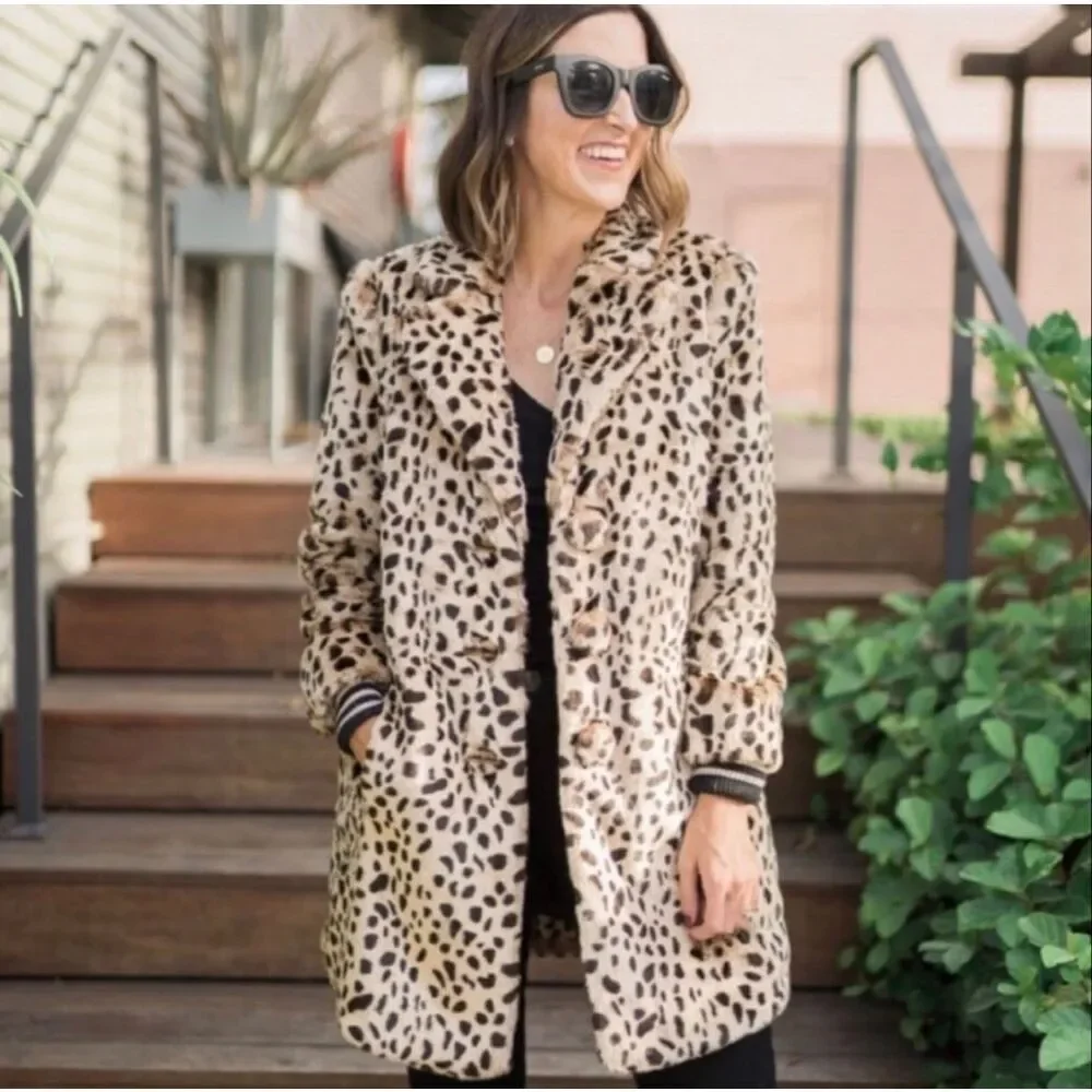 CAbi Josephine Coat Faux Fur Leopard Print Size Small